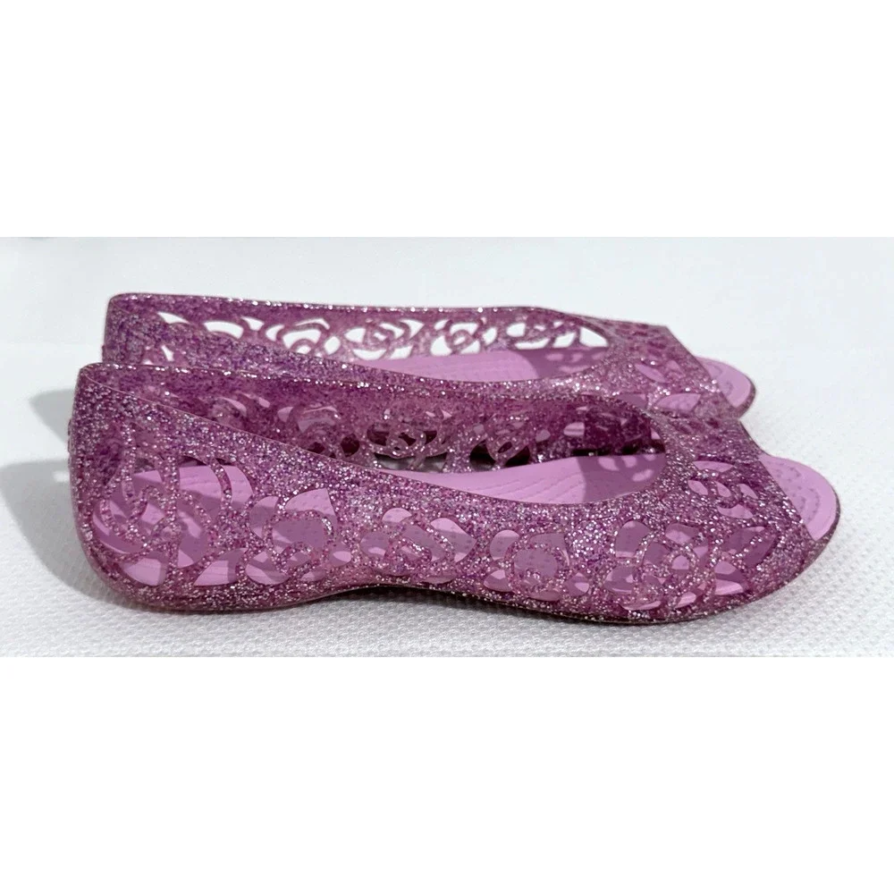 Crocs Isabella Glitter Peep Toe Ballerinas Shoes Girls J 1 Pink Lightweight